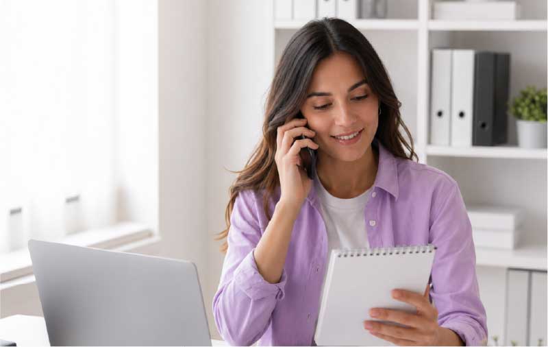 Contadora hablando por teléfono con documentación